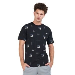 Nike Black Allover Swoosh Logo Print Graphic Athletic Tee Streetwear Size Small